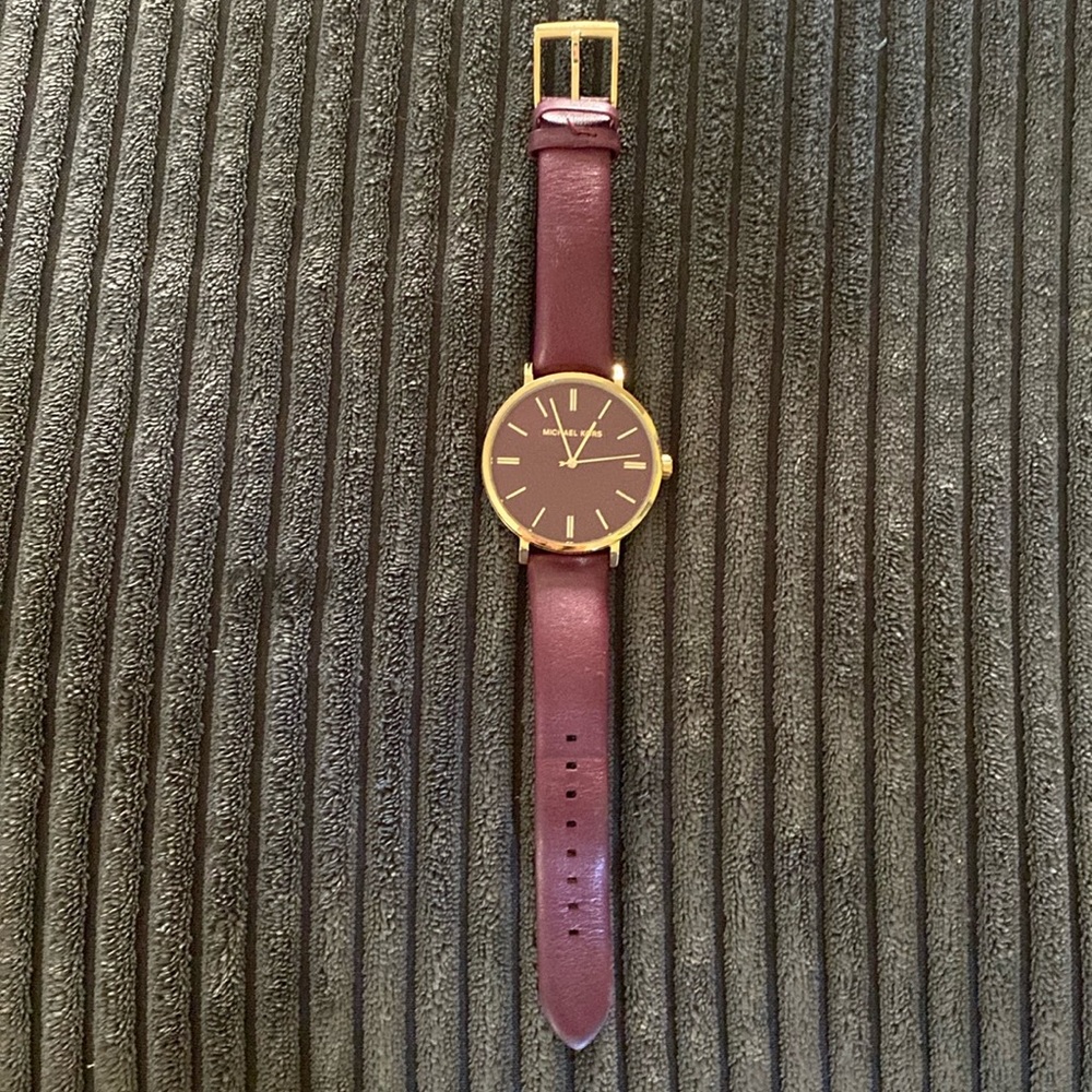 MICHAEL Michael Kors Women's Burgundy Leather Strap Watch with Gold Tone Case